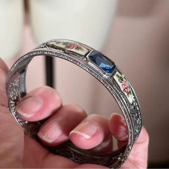 Vintage antique Victorian Art deco Silver Filagree Rose Enamel Blue Bracelet - Picture 3 of 17